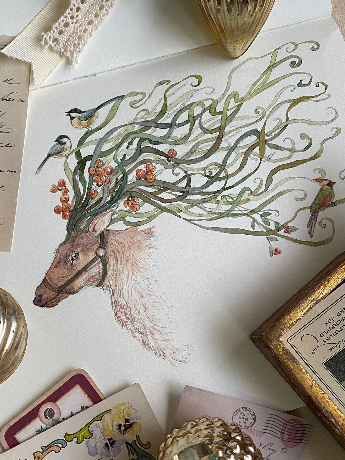 Deer and Bird Song (Original Watercolour)